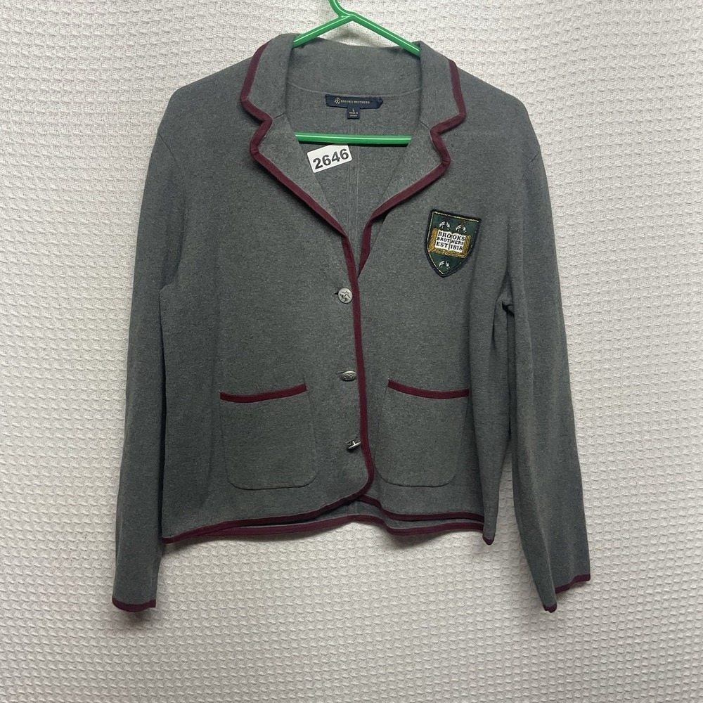 Brooks Brothers Blazer Womens Gray Cotton Repp Trim Preppy Schoolboy Sz Large L